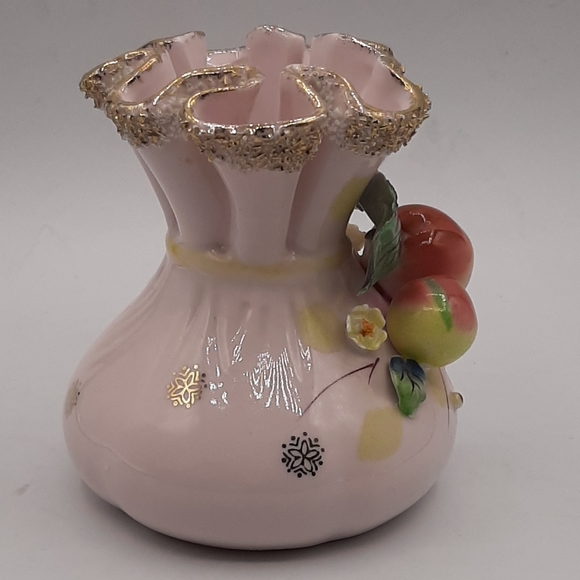 Vintage L'Amour Majolica Apples & Blossoms Pink Pinched Ruffled Top Vase Japan - Picture 4 of 9